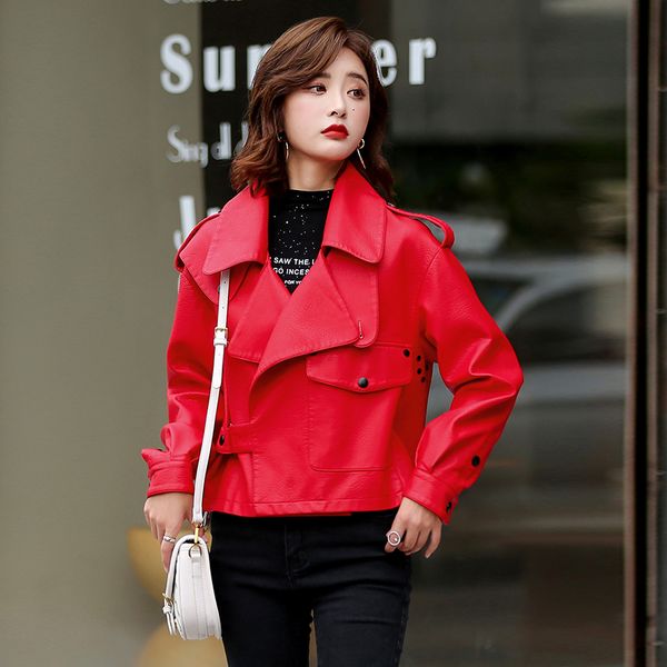 

turn-down collar motor biker jacket with belt 2020 new women spring autumn black faux leather jackets zipper basic coat