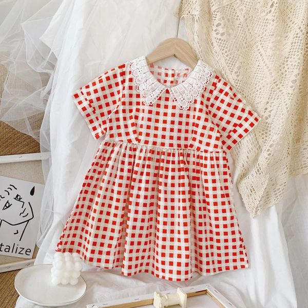 

2020 summer new arrival girls fashion plaid dress kids lace collar cotton dress girls, Red;yellow
