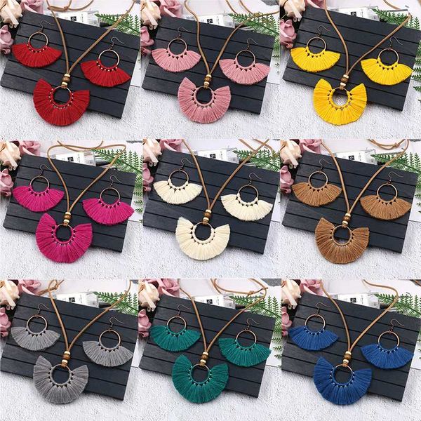 

3pcs bohemian colorful tassel necklace earrings set hand-woven earrings leather rope sweater chain women clothing jewelry set, Silver