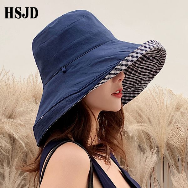 

summer women double-sided cotton linen plaid hat elegant big wide brim foldable anti-uv beach sun floppy hats flat caps bob 83fj, Blue;gray