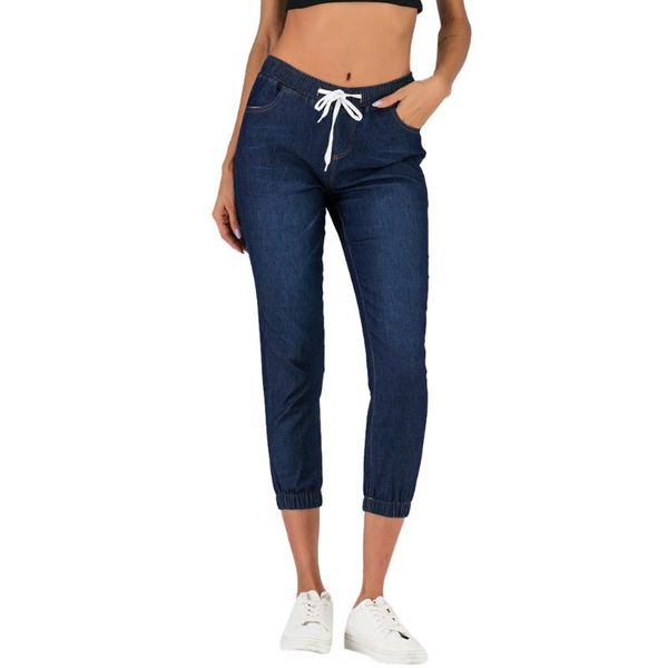 

women's jeans denim pants jogger ladies drawstring elastic waist cropped fitness skinny pencil women trouser clothes, Blue
