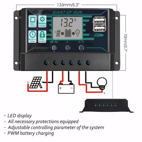 

10a-100a dual usb solar charge controller 12v 24v auto pwm 5v output regulator pv home battery charger lcd