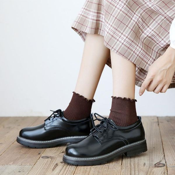 

qpfjqd new lace up casual platform shoes college student cosplay shoe genuine split leather universal lolita jk uniform footwear, Black