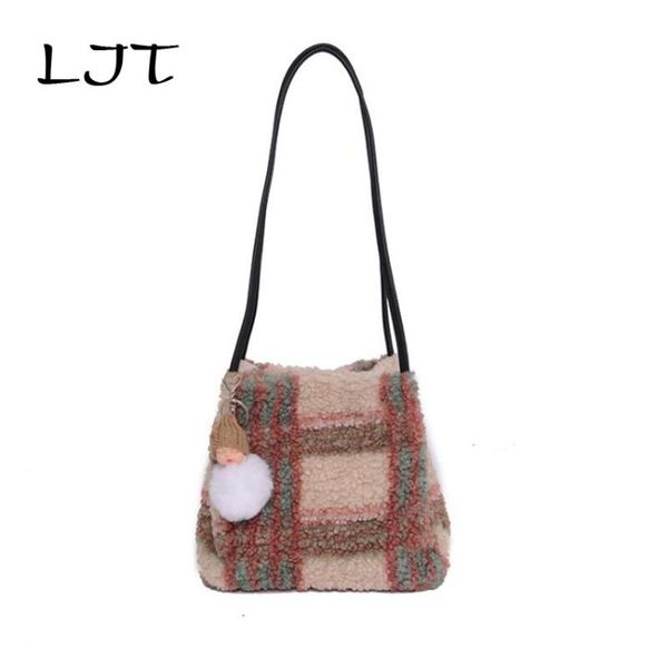 

women 2020 new korean fashion wild plush shoulder bag simple large capacity grid messenger bag handbags and purse vintage tote