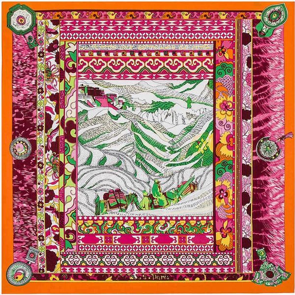 

100% silk square scarf women national wind mountain print bandana shawls twill scarf female foulard silk hijab lady bufandas bbyjru bdehome, Black