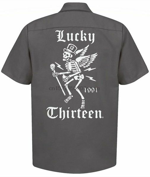 

lucky 13 work mechanic shirt button winged skully skeleton at skull gray(2
