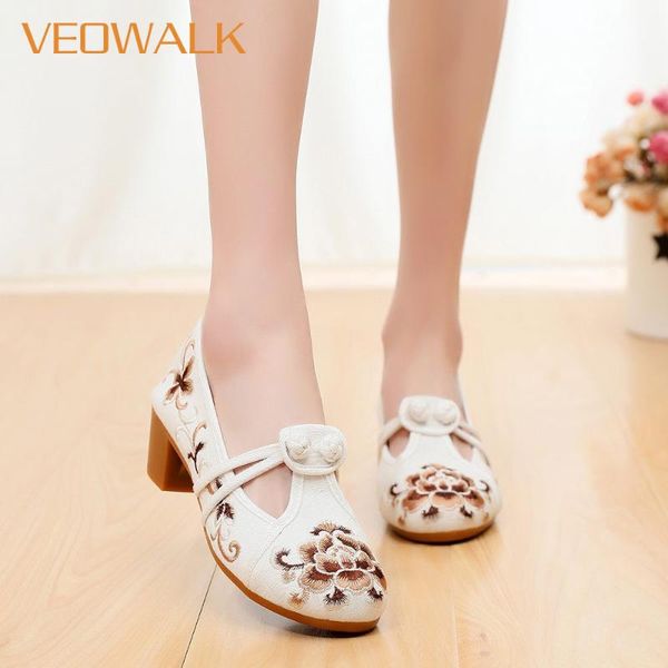 

veowalk jacquard embroidered women 4cm block heels shoes ladies casual comfot easy on pumps chinese retro dress high heels, Black
