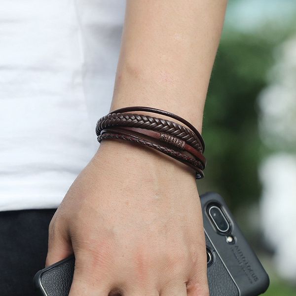 

2020 fashion man leather bracelet braided thread braslet multi-layer magnet charm brazalete for hombre gift for husband pulseira, Golden;silver
