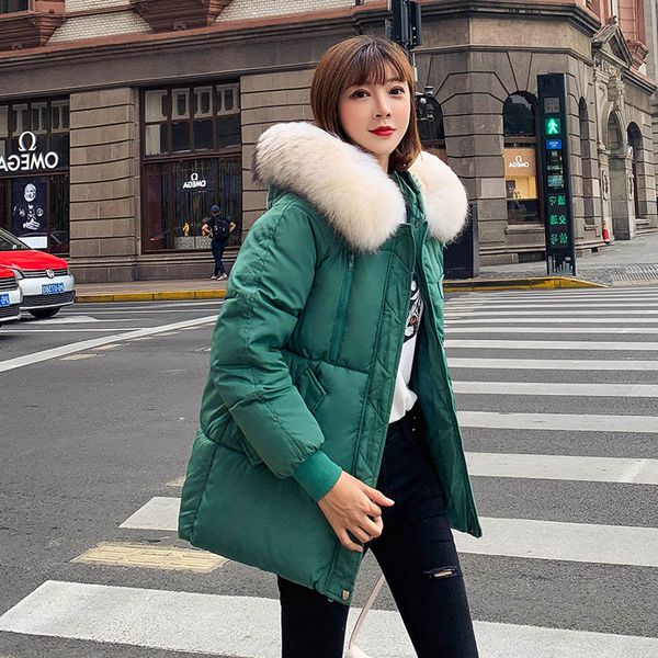 

down cotton jacket women winter large fur collar outerwear coats female long casual thick warm bread service down puffer jacket, Black