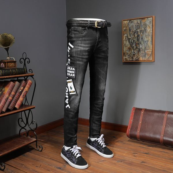 

men jeans retro blue slim fit ripped jeans men designer punk pants streetwear hip hop homme