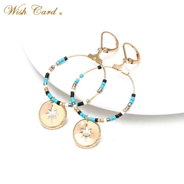 

wish card fashion 1 pair bohemian earrings alloy ring string rice beads with metal sheet hollow octagon charm for summer bd273, Silver