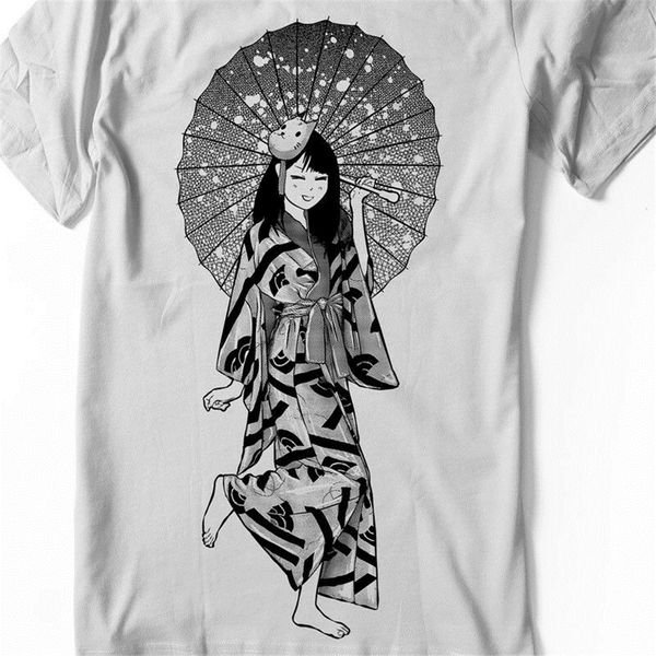 

anime girl t-shirt manga japanese umbrella kimono yukata kawaii - - women streetwear tee shirt