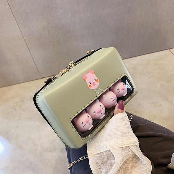 

малый женщин сумки 2020 модные прозрачные симпатичные свиньи сумки на ремне металлические цепи ремешок messenger crossbody bolsos пара mujer