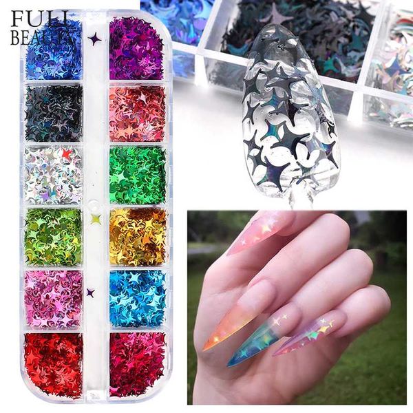 

12 grids laser star glitter nails spangles silver black nail paillette mixed colorful flakes manicure uv gel nail decor ch1819, Silver;gold