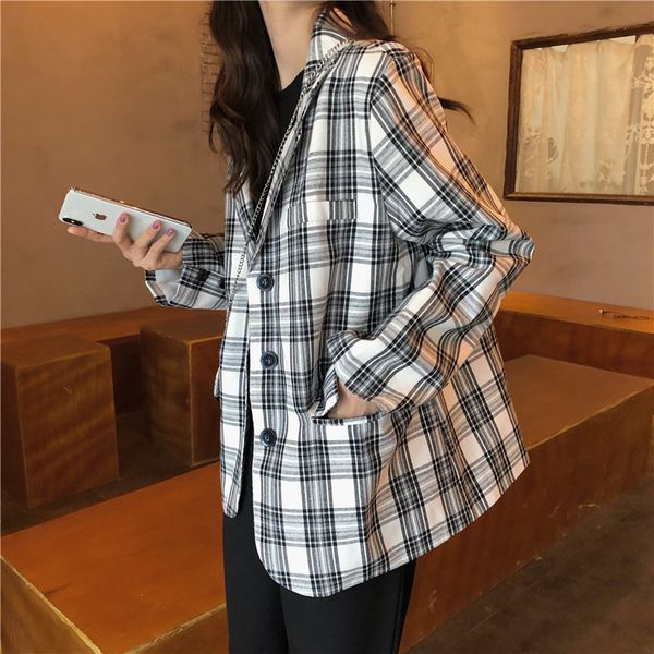 

women's suits & blazers hzirip retro color-hit women elegant 2021 plaid office lady pockets geometric loose high street sweet fashion, White;black