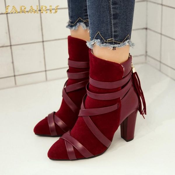 

sarairis 2020 горячие продажа толстые высокие каблуки ботильоны женская обувь fringe zip up сжатый офиса удобная обувь женские сапоги, Black