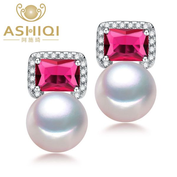 

ashiqi real 925 sterling silver earrings freshwater pearl stud earrings for women natural pearl jewelry red crystal, Golden;silver
