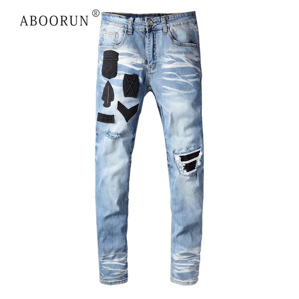 

aboorun men's badges embroidery patchwork jeans blue broken hole beggar jeans