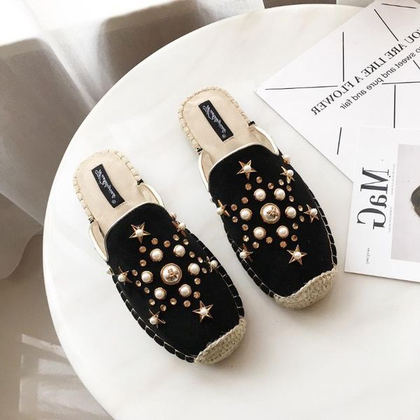 

koovan women's slippers 2020 summer new half slippers female flat bottom rhinestone retro fisherman women's shoes lazy shoe girl, Black