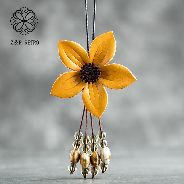 

handmade vintage pendant&necklaces rope chain real cowhide flower resin bead necklace women fashion jewelry friends pendant, Silver