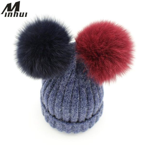 

minhui 15cm real fur pompom hat women girls cute two pom poms beanies skullies bonnet women winter hat cap, Blue;gray