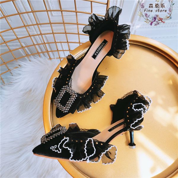 

rhinestones buckle women's sandals high heels lolita sweet ladies summer shoes woman pointy toe evening party dress shoes 2020, Black