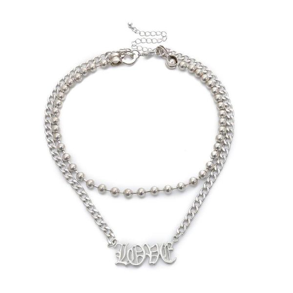 

2020 dark gothic multi layered round beads chain choker necklace street punk gothic letter love necklace jewelry for women men, Silver