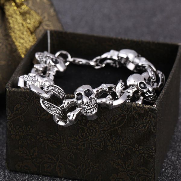 

link, chain stainless steel skull charm bracelets men punk style metal man charms & bangles wristband homme jewelry gifts, Black