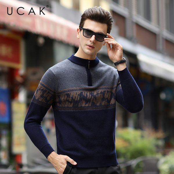 

ucak zipper o-neck pure merino wool sweater men clothing winter new arrivl streetwear pullover men clothes pull homme u3231, White;black