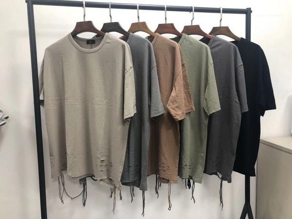 

tees ribbon crew neck hip hop mens designer tshirts fashion ripped shoulder slope drop short sleeve, White;black