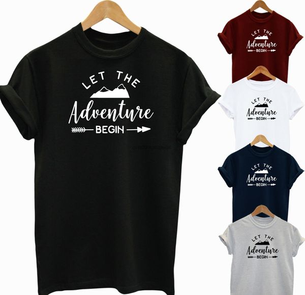 

let the adventure begin funny slogan ladies t shirt holiday travel top