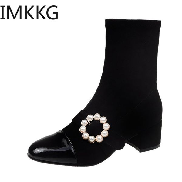 

2020 plus size 41 women pearl booties black flock fashion ankle boots bead ladies dress shoes square mid heels botas mujer