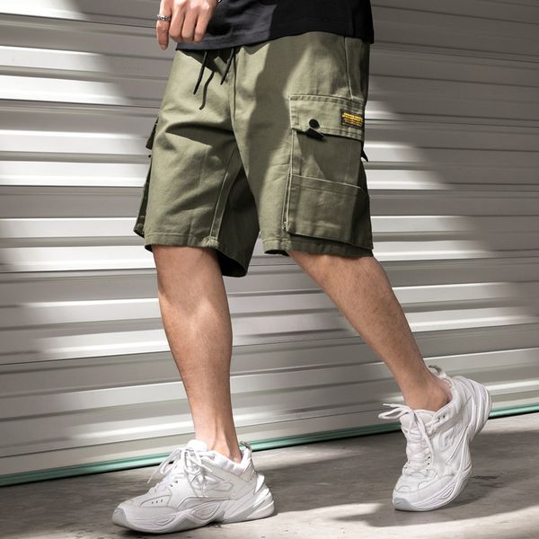 

men's shorts 2021 summer multi pocket fashion tie rope pure cotton five point pants, White;black