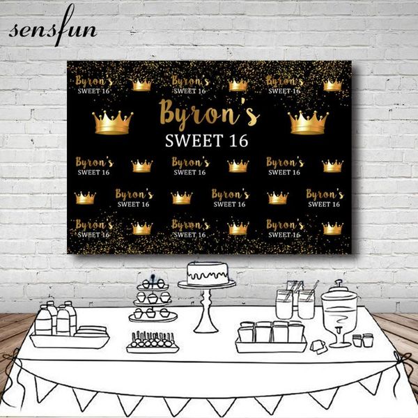 

background material sensfun sweet 16 birthday party backdrop crown gold glitter black backgrounds for po studio table banner 7x5ft vinyl