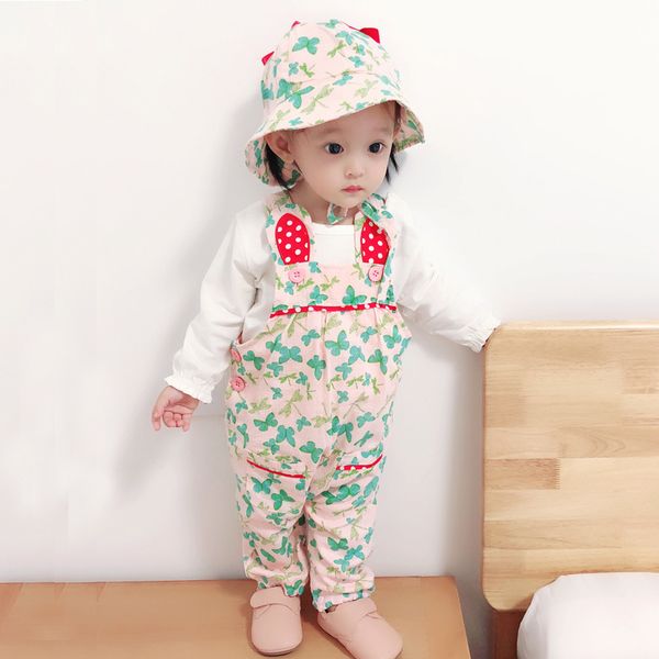 

spring and autumn new baby girls cotton korean-style cute and exquisite floral three-piece suit 2-and-a-half-year-old wear hair cap, Blue