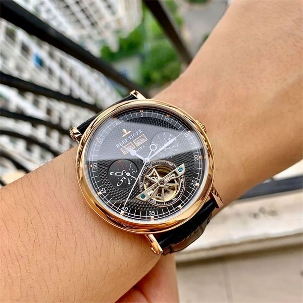 

reef tiger/rt brand luxury watch mens rose gold tourbillon watch multifunction automatic watches sapphire glass rga1903 0924, Slivery;brown