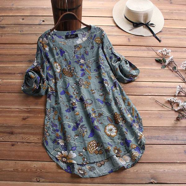 

zanzea summer blouse women vintage floral printed casual short sleeve loose blusas femme robe tunic baggy shirt chemise, White