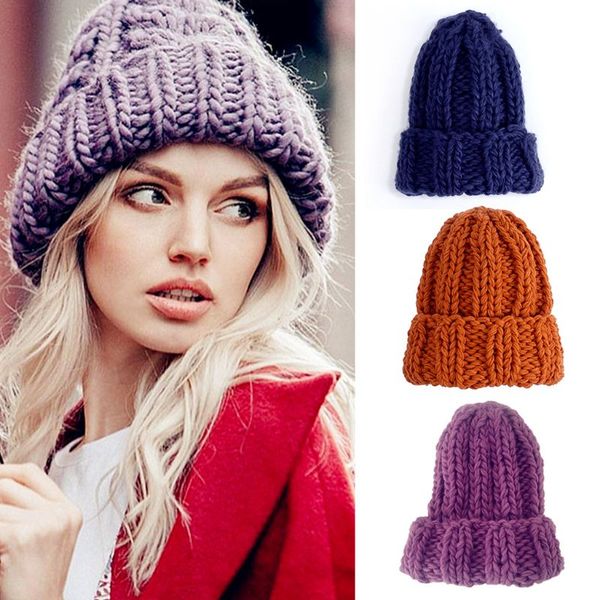 

women autumn handmade chunky knit beanie cap candy color crochet warm cuffed hat, Blue;gray