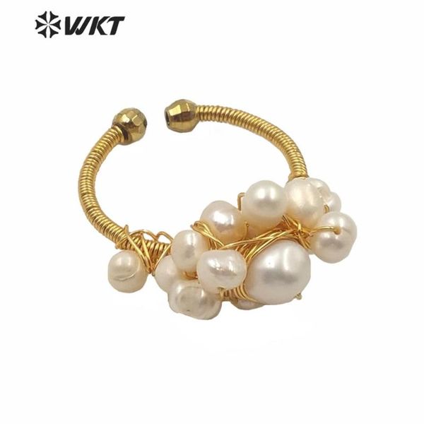 

wt-mpr006 lady white freshwater pearl rings with tiny charms gold electroplated wire wrapped fashion boho rings for wedding, Slivery;golden