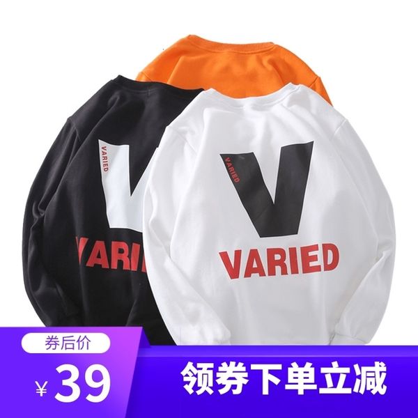 

trendy street hip hop big v orange loose pullover sweater for men and women couple off long sleeve round neck coat, Black