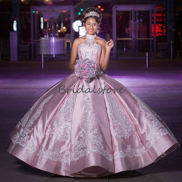 

beautiful pink sweet 16 dresses halter lace appliques ball gown prom dress floor length satin sweet 16 party gowns quinceanera dresses, Blue;red