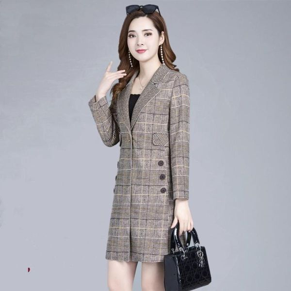 

plaid woolen coat for women loose fall trench coat for female plus size, Tan;black
