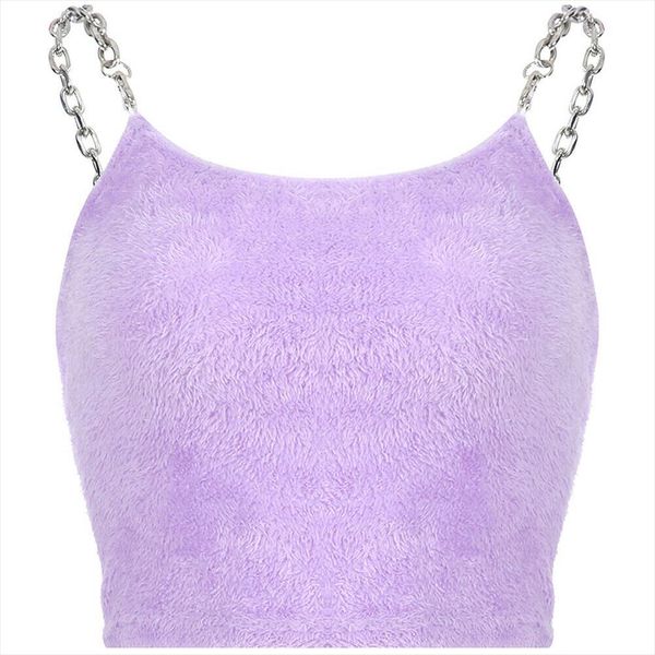 

2020 fashion women summer casual sleeveless plush camis t shirt sleeveless fur metal chain strappy crop purple, White