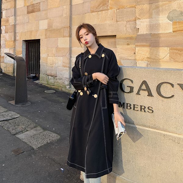 

women's trench coats black coat female long british style 2021 autumn loose temperament spring double breasted windbreaker, Tan;black