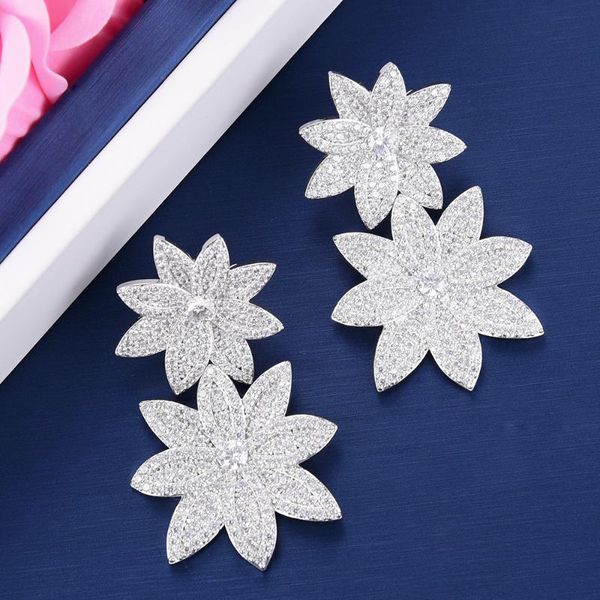 

dubai america cubic zirconia trendy flower big pendant earrings women drop earrings boucle d'oreille femme, Silver