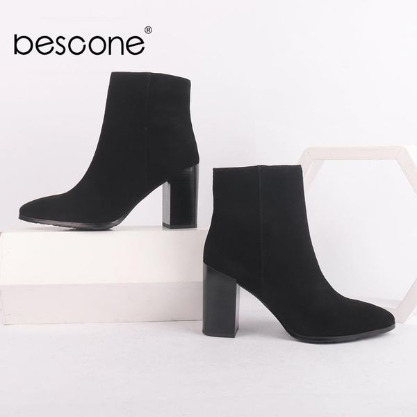 

bescone solid new boots kid suede pointed toe square heel handmade fashion shoes women's boots c516, Black