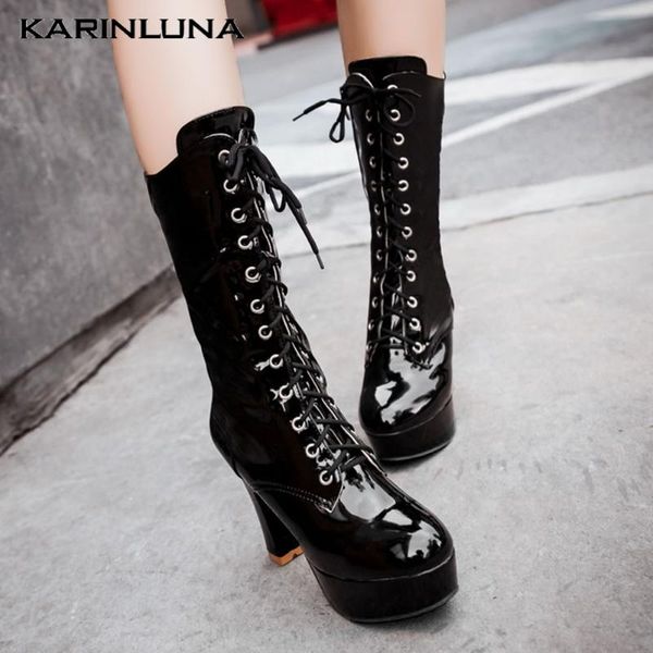 

karin new large sizes 43 high heels platform fashion lace-up winter woman shoes motorcycles boots, Black