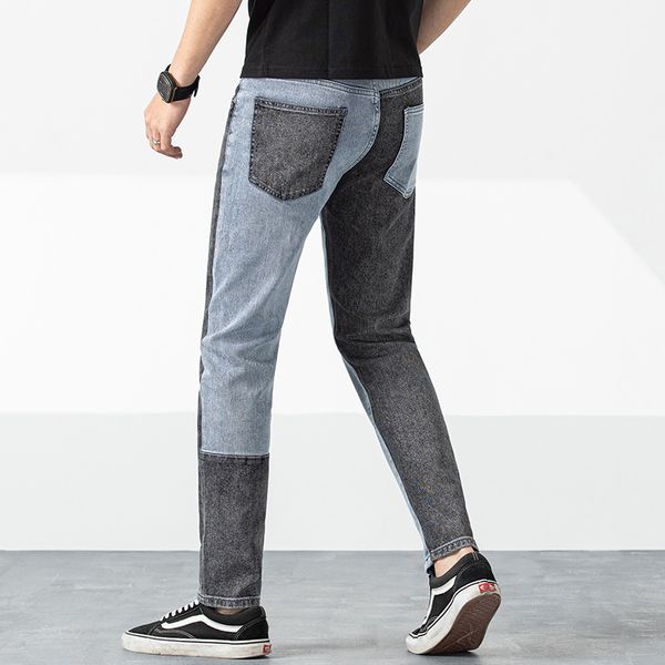 

2020 men's patch jeans youth dual-color patchwork thin slim fit pants beggar jeans, Blue