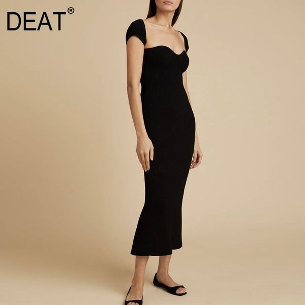 

deat 2020 new summer runway styles fashion women clothes square collar short sleeves knitting pullover slim dress wl72701l, Black;gray