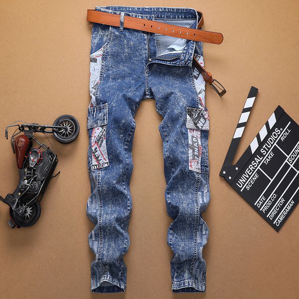 

2020 new european and american style men's slim jeans men's fried snowflake elastic small foot tight jeans, Blue